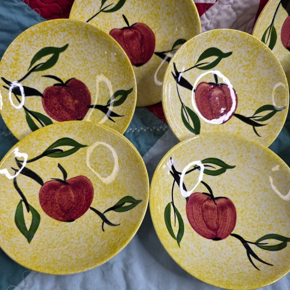 Vintage Mid Century Modern Apple Pattern Yellow Speckled Ceramic Small Plates x8